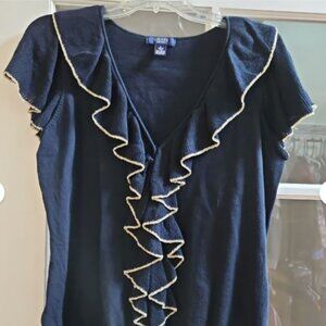 Chaps Navy Blue short sleeve top with gold ruffles